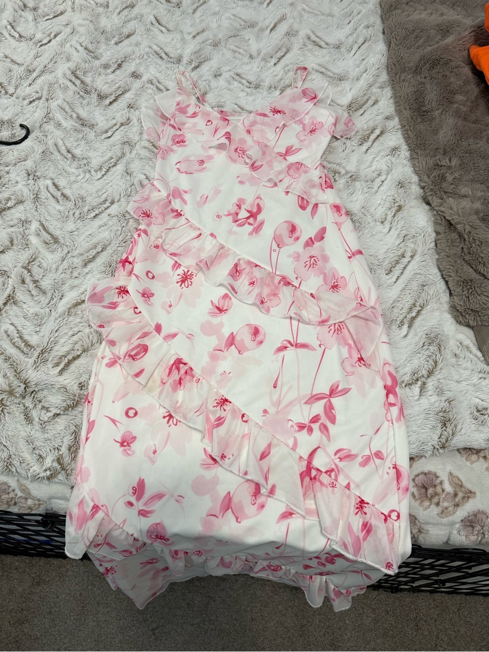 SHEIN White Dress with Pink Floral Ruffles